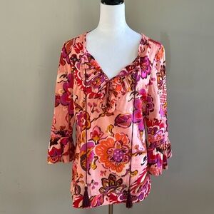 Tory Burch Gwenna Orange Pink 3/4 Sleeve Tassel Tie Floral‎ Blouse Top Size 10